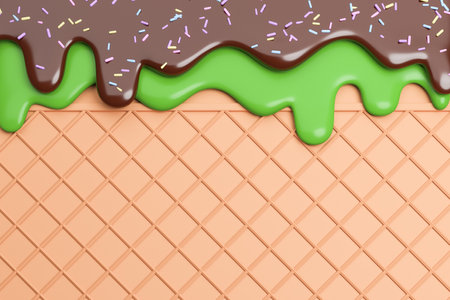 Green tea and Chocolate Ice Cream Melted on Wafer Background.,3d model and illustration.の写真素材