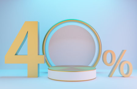 White and Gold podium and text 40% for product presentation and golden arch on white wall with lighting background luxury style.,3d model and illustration.の写真素材