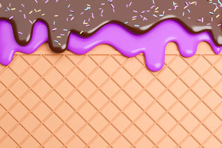 Blueberry and Chocolate Ice Cream melted with Sprinkles on Wafer Background.,3d model and illustration.の写真素材