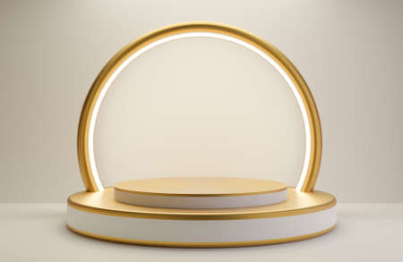 White and Gold podium for product presentation on white wall background luxury style.,3d model and illustration.の写真素材