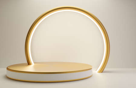 White and Gold podium for product presentation on white wall background luxury style.,3d model and illustration.の写真素材