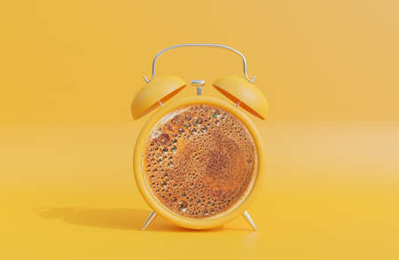 Retro yellow alarm clock with black coffee in middle on yellow background.,3d model and illustration.の写真素材