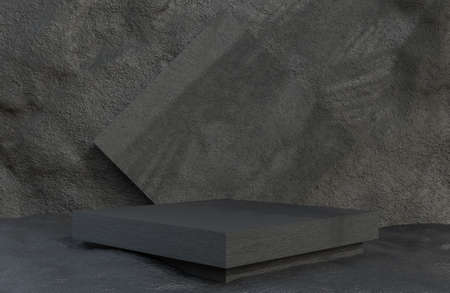 Black stone square podium for product presentation on stone wall background luxury style.,3d model and illustration.の写真素材