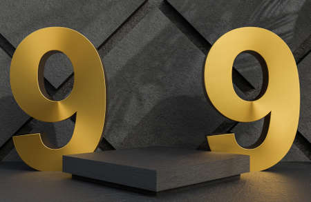 Black stone podium and golden text 9.9 for product presentation on stone wall background luxury style.,3d model and illustration.の写真素材