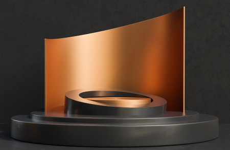 Copper circle podium for product presentation on black concrete wall background luxury style.,3d model and illustration.の写真素材