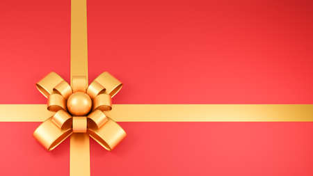 Realistic Golden ribbon and bow on red background.,3d model and illustration.の写真素材