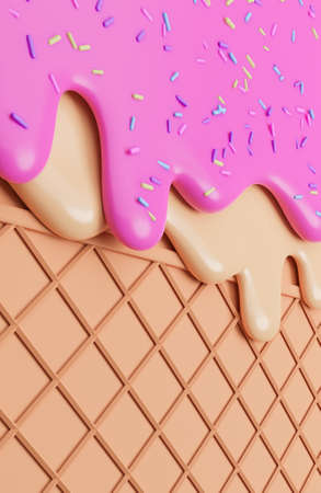 Strawberry and Vanilla Ice Cream Melted with Sprinkles on Wafer Background.,3d model and illustration.の写真素材