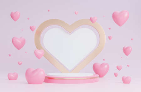 Happy valentine day banner with podium for product presentation and hearts 3d objects on pink background.,3d model and illustration.の写真素材