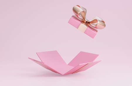Happy valentine's day banner with open pink gift box on pink background.,3d model and illustration.の写真素材