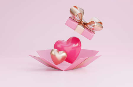 Happy valentine's day banner with open gift box, 3d hearts and romantic valentine decorations on pink background.,3d model and illustration.の写真素材