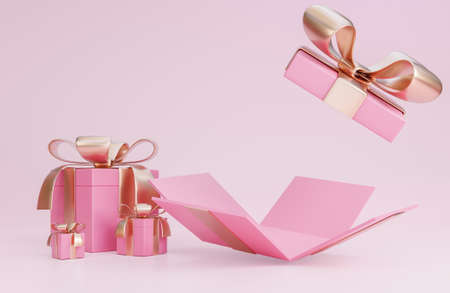 Happy valentine's day banner with open pink gift box and romantic valentine decorations on pink background.,3d model and illustration.の写真素材