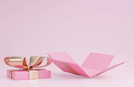 Happy valentine's day banner with open pink gift box on pink background.,3d model and illustration.の写真素材