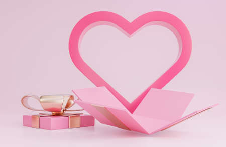 Happy valentine's day banner with open gift box, 3d hearts and romantic valentine decorations on pink background.,3d model and illustration.の写真素材