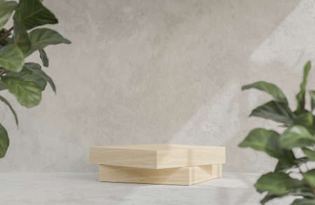 Mockup wood podium for product presentation podium with concrete background.,3d model and illustration.の写真素材