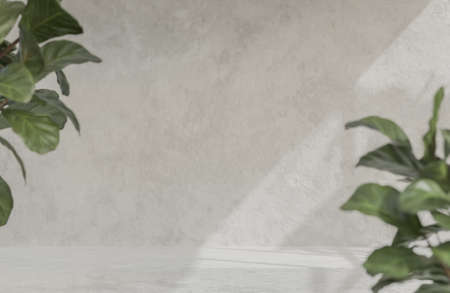 Concrete table counter with plant and concrete grunge texture background.,3d model and illustration.