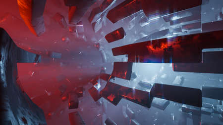 Abstract geometric background sci-fi construction of tube or space station blue red glowing light.,3d model and illustration.の写真素材