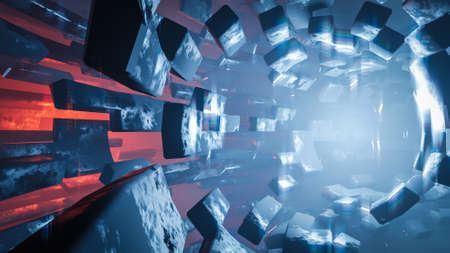 Abstract geometric background sci-fi construction of tube or space station blue red glowing light.,3d model and illustration.の写真素材