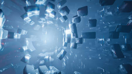 Abstract geometric background sci-fi construction of tube or space station blue glowing light.,3d model and illustration.の写真素材