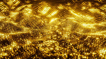 Abstract shinny golden wire net wave background for product presentation and brand luxury style. ,3D model and illustration.の写真素材