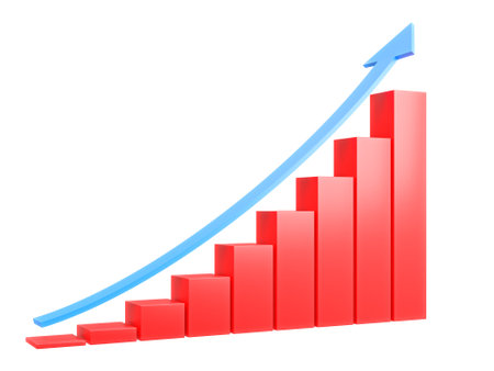 Red business graph with up arrow.,3d model and illustration.の写真素材