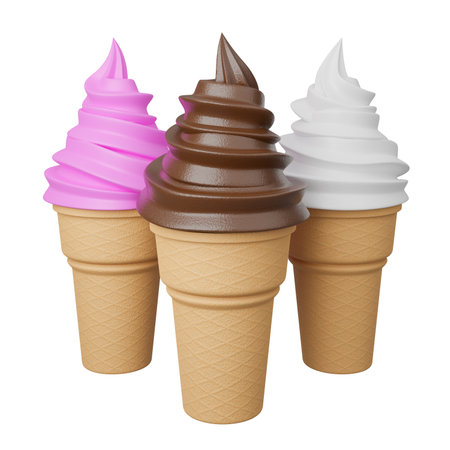 Close up Soft serve ice cream of strawberry, vanilla and chocolate flavours on crispy cone.,3d model and illustration.の写真素材