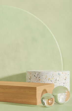 Mockup terrazzo and wood podium for product presentation podium with morning light.,3d model and illustration.の写真素材