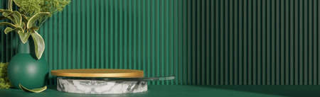 Mockup circle marble and Gold podium for product presentation podium with green background morning light.,3d model and illustration.の写真素材
