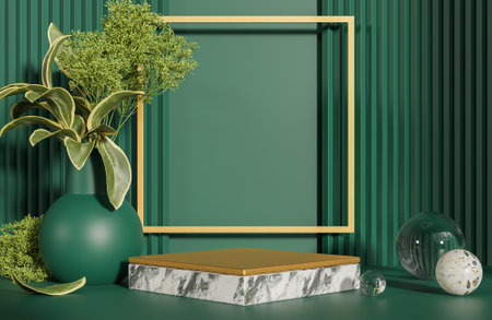 Mockup square marble and gold podium for product presentation podium with green background morning light.,3d model and illustration.の写真素材