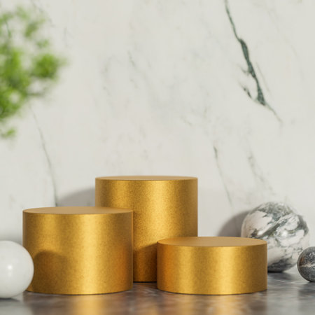 Mockup golden podium for product presentation podium with marble background and morning light.,3d model and illustration.の写真素材