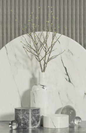Mockup marble podium for product presentation podium with cement background and morning light.,3d model and illustration.の写真素材