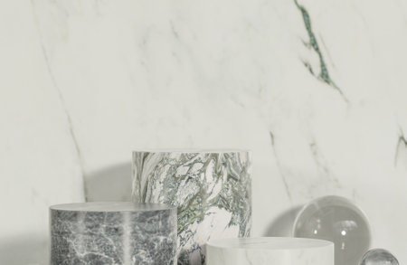 Mockup marble podium for product presentation podium with marble background and morning light.,3d model and illustration.の写真素材