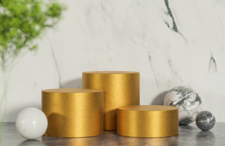 Mockup golden podium for product presentation podium with marble background and morning light.,3d model and illustration.の写真素材