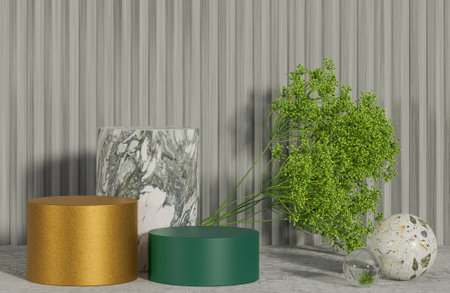 Mockup marble,golden and green podium for product presentation podium with cement background and morning light.,3d model and illustration.の写真素材