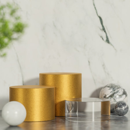Mockup golden and glass podium for product presentation podium with marble background and morning light.,3d model and illustration.の写真素材
