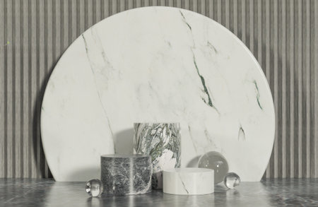 Mockup marble podium for product presentation podium with cement background and morning light.,3d model and illustration.の写真素材