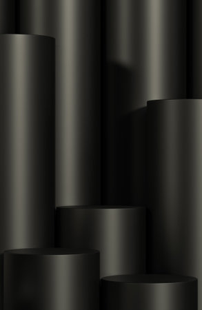 Mockup black podium for product presentation podium with black cylinder background.,3d model and illustration.の写真素材