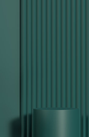 Green cylinder podium for product presentation on green serrated wall background minimal style.,3d model and illustration.の写真素材