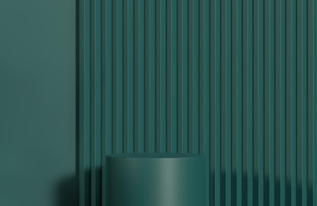 Green cylinder podium for product presentation on green serrated wall background minimal style.,3d model and illustration.の写真素材