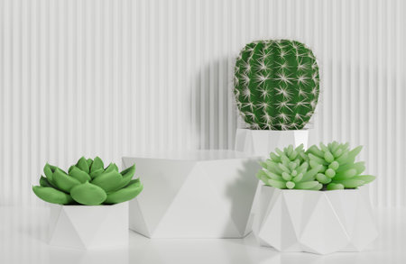 White prism podium for product presentation and cactus on white serrated wall background minimal style.,3d model and illustration.の写真素材