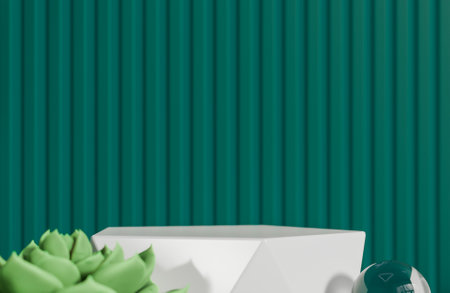 White prism podium for product presentation and cactus on green serrated wall background minimal style.,3d model and illustration.の写真素材