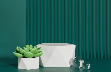 White prism podium for product presentation and cactus on green serrated wall background minimal style.,3d model and illustration.の写真素材