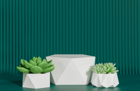 White prism podium for product presentation and cactus on green serrated wall background minimal style.,3d model and illustration.の写真素材