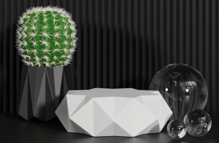 White prism podium for product presentation and cactus on black serrated wall background minimal style.,3d model and illustration.の写真素材
