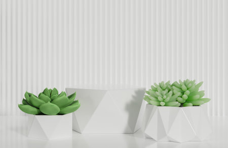 White prism podium for product presentation and cactus on white serrated wall background minimal style.,3d model and illustration.の写真素材