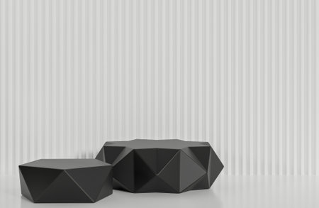 Black prism podium for product presentation on white serrated wall background minimal style.,3d model and illustration.の写真素材