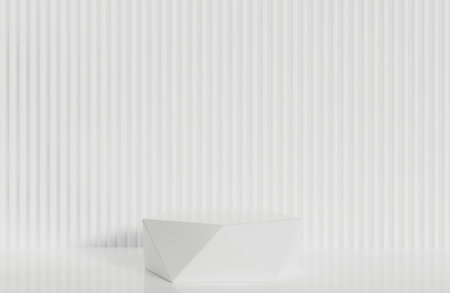 White prism podium for product presentation on white serrated wall background minimal style.,3d model and illustration.の写真素材