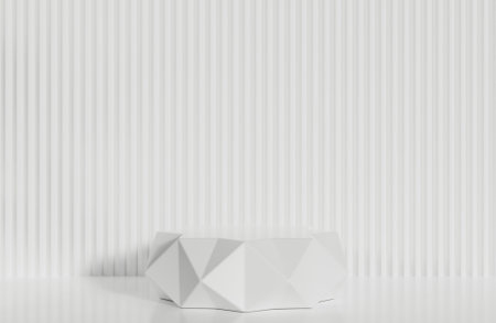 White prism podium for product presentation on white serrated wall background minimal style.,3d model and illustration.の写真素材