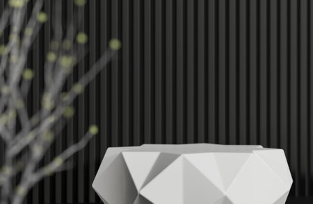 White prism podium for product presentation on black serrated wall background minimal style.,3d model and illustration.の写真素材