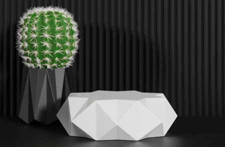 White prism podium for product presentation and cactus on black serrated wall background minimal style.,3d model and illustration.の写真素材