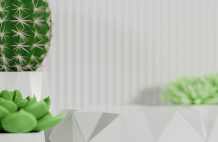 White prism podium for product presentation and cactus on white serrated wall background minimal style.,3d model and illustration.の写真素材
